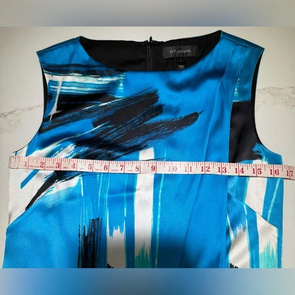 ST JOHN Brushstroke Stretch Silk Charmeuse Draped Cyan/Black Dress, Size 2 - Picture 13 of 16